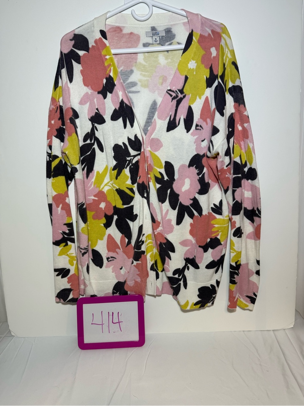 croft & barrow Floral V-Neck Button Cardigan - Pink, Yellow, Black, Cream
